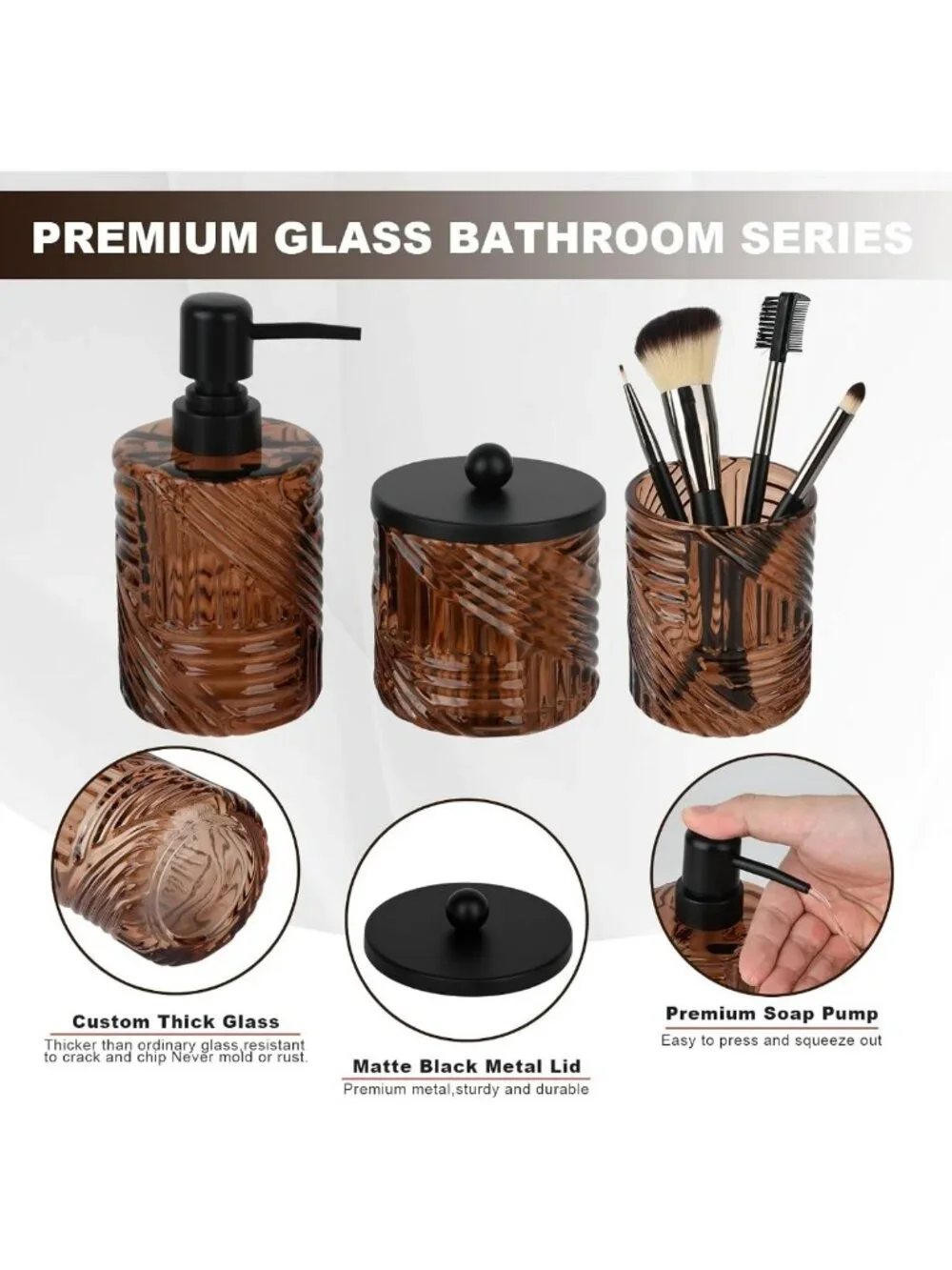 Stylish Amber Glass Bathroom Accessories Set - 4 Pcs Lotion Dispenser